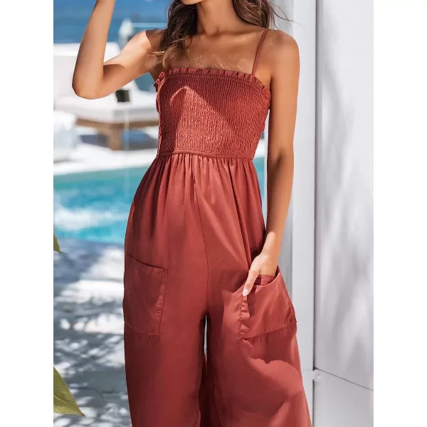 imageCUPSHE Summer Women Slip Ruching Smocked Jumpsuit Pants Square Neck Speghetti Straps Loose Waisted MaxiOrange