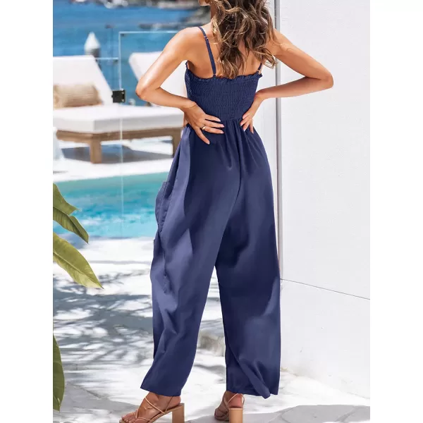 imageCUPSHE Summer Women Slip Ruching Smocked Jumpsuit Pants Square Neck Speghetti Straps Loose Waisted MaxiRoyal Blue