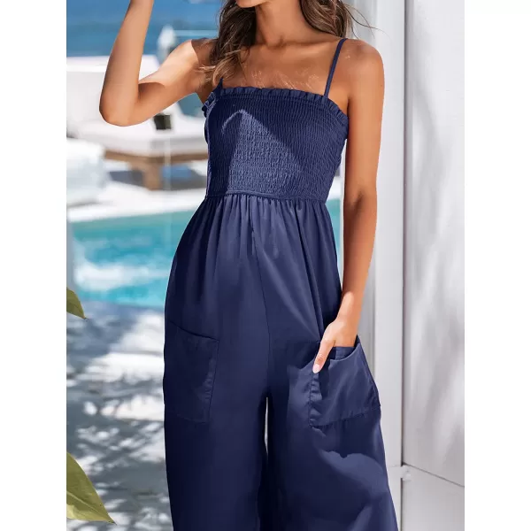 imageCUPSHE Summer Women Slip Ruching Smocked Jumpsuit Pants Square Neck Speghetti Straps Loose Waisted MaxiRoyal Blue