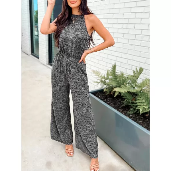 imageCUPSHE Summer Womens Halter Neck Sleeveless Long Romper Pleated Overalls Maxi Casual Jumpsuit with PocketsGrey