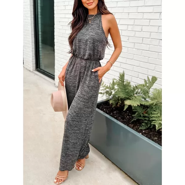 imageCUPSHE Summer Womens Halter Neck Sleeveless Long Romper Pleated Overalls Maxi Casual Jumpsuit with PocketsGrey