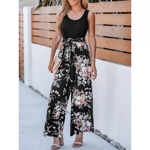 imageCUPSHE Summer Womens Jumpsuit Sleeveless Scoop Neck Floral Print Romper Overalls Casual Pollover Belted JumpsuitBlack