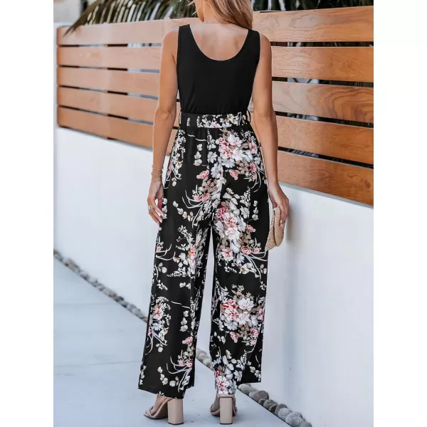imageCUPSHE Summer Womens Jumpsuit Sleeveless Scoop Neck Floral Print Romper Overalls Casual Pollover Belted JumpsuitBlack