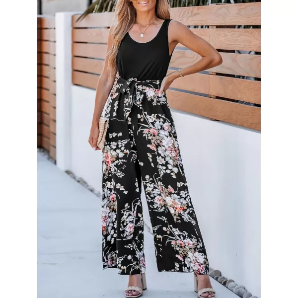 imageCUPSHE Summer Womens Jumpsuit Sleeveless Scoop Neck Floral Print Romper Overalls Casual Pollover Belted JumpsuitBlack
