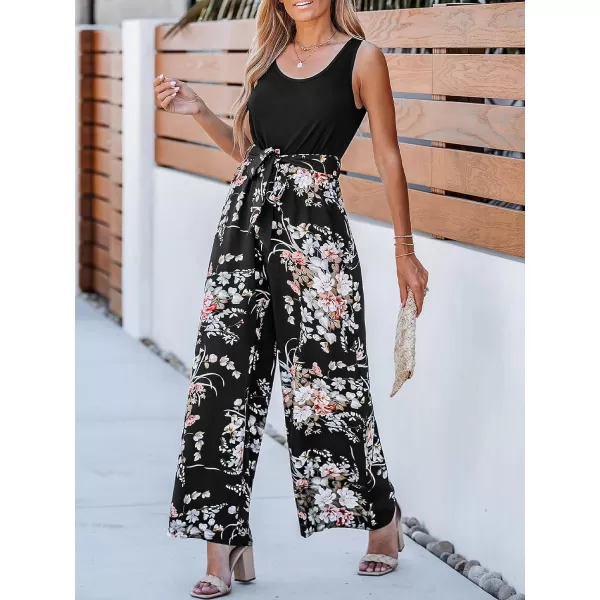 imageCUPSHE Summer Womens Jumpsuit Sleeveless Scoop Neck Floral Print Romper Overalls Casual Pollover Belted JumpsuitBlack