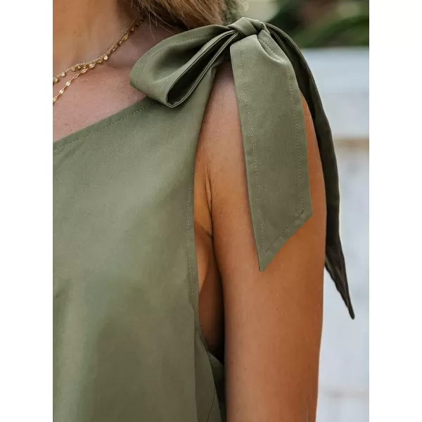 imageCUPSHE Summer Womens One Shoulder Bow Strap Flounce Short Romper Mini Jumpsuit with PocketsOlive Green