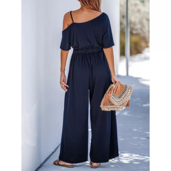 imageCUPSHE Summer Womens OpenShoulder Short Sleeve Pleated Maxi Romper Jogger Leg Overalls Long Casual Jumpsuit with PocketsMidnight Blue