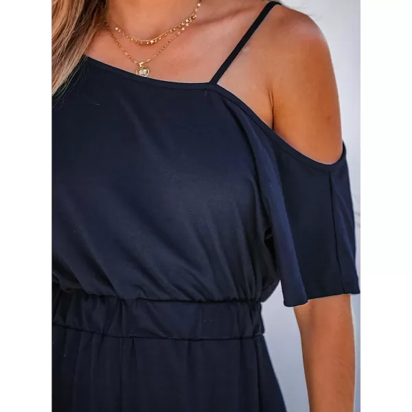 imageCUPSHE Summer Womens OpenShoulder Short Sleeve Pleated Maxi Romper Jogger Leg Overalls Long Casual Jumpsuit with PocketsMidnight Blue