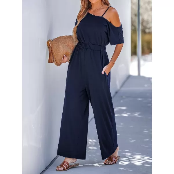 imageCUPSHE Summer Womens OpenShoulder Short Sleeve Pleated Maxi Romper Jogger Leg Overalls Long Casual Jumpsuit with PocketsMidnight Blue