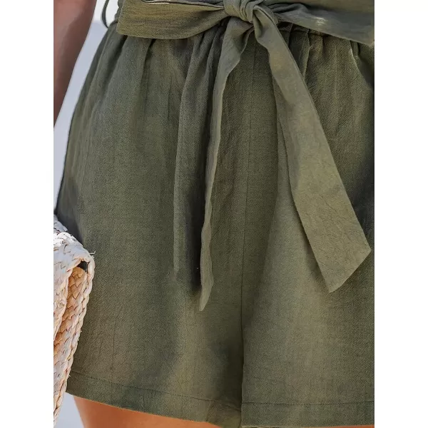 imageCUPSHE Summer Womens Scoop Neck Button Front Short Romper SelfTie Belt Sleeveless Overalls Mini Casual JumpsuitOlive Green