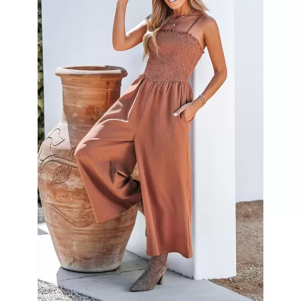 imageCUPSHE Summer Womens Smocked Ruffled Neck Cami Jumpsuit Overalls Long Casual Jumpsuit with PocketsRust Red
