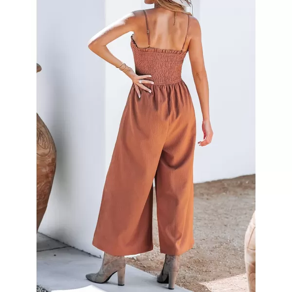imageCUPSHE Summer Womens Smocked Ruffled Neck Cami Jumpsuit Overalls Long Casual Jumpsuit with PocketsRust Red