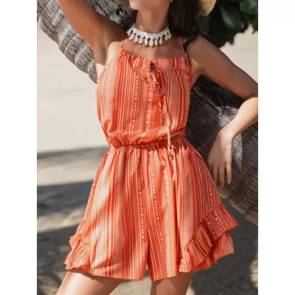 imageCUPSHE Summer Womens Striped Self Tied Front Short Romper Ruffled Mini Cami JumpsuitBlush