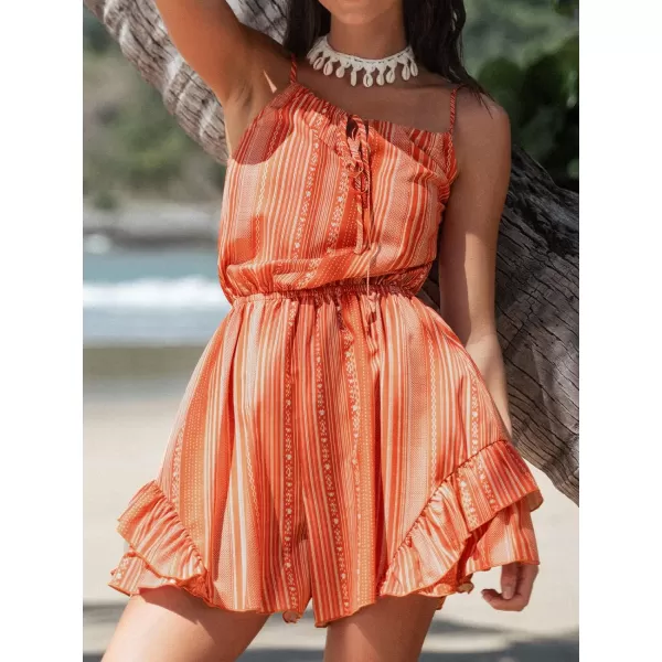 imageCUPSHE Summer Womens Striped Self Tied Front Short Romper Ruffled Mini Cami JumpsuitBlush