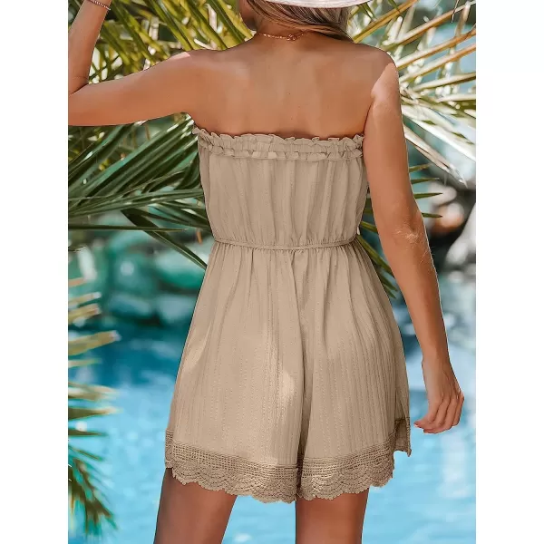imageCUPSHE Summer Womens Tube Lace Trim Tassel Short Romper SelfTie Front Overalls Mini Casual JumpsuitSand