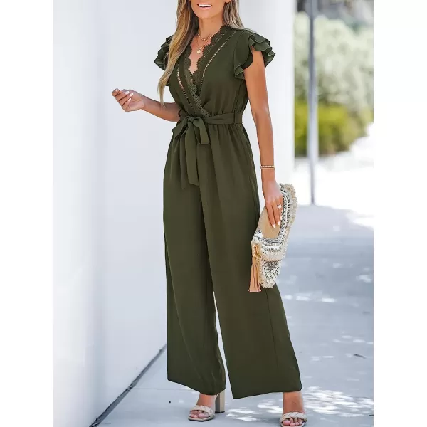 imageCUPSHE Summer Womens V Neck Lace Trim Long Romper SelfTie Belt Ruffled Sleeve Overalls Maxi Casual JumpsuitOlive Green