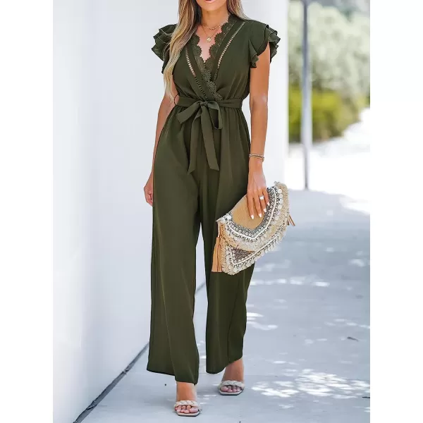 imageCUPSHE Summer Womens V Neck Lace Trim Long Romper SelfTie Belt Ruffled Sleeve Overalls Maxi Casual JumpsuitOlive Green