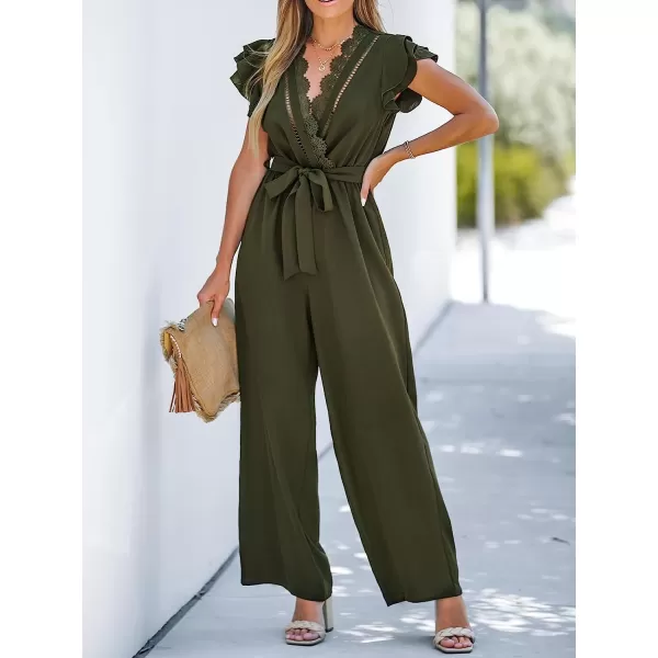 imageCUPSHE Summer Womens V Neck Lace Trim Long Romper SelfTie Belt Ruffled Sleeve Overalls Maxi Casual JumpsuitOlive Green