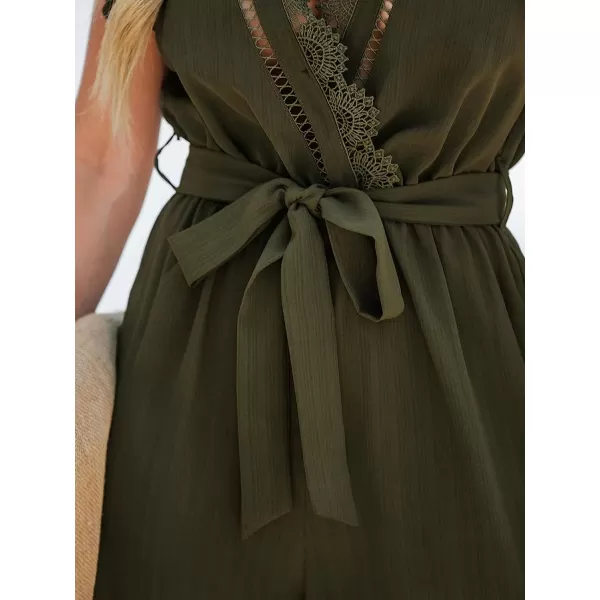 imageCUPSHE Summer Womens V Neck Lace Trim Long Romper SelfTie Belt Ruffled Sleeve Overalls Maxi Casual JumpsuitOlive Green