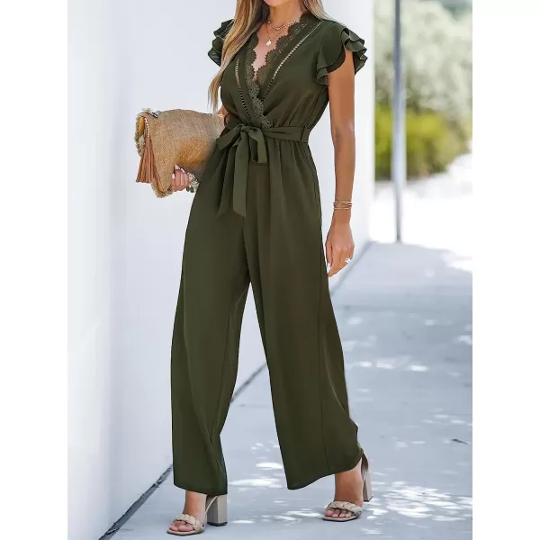 imageCUPSHE Summer Womens V Neck Lace Trim Long Romper SelfTie Belt Ruffled Sleeve Overalls Maxi Casual JumpsuitOlive Green