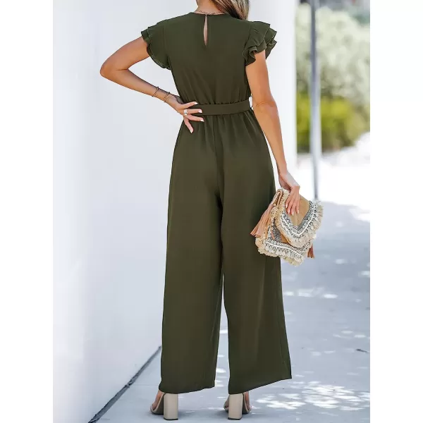 imageCUPSHE Summer Womens V Neck Lace Trim Long Romper SelfTie Belt Ruffled Sleeve Overalls Maxi Casual JumpsuitOlive Green