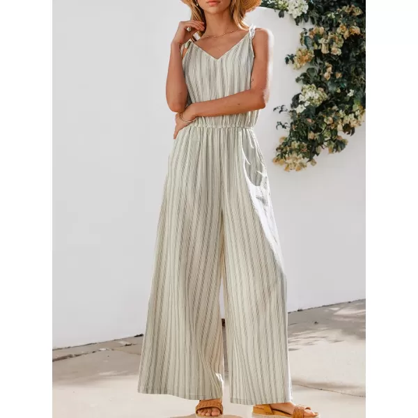 imageCUPSHE Summer Womens V Neck Striped Tie Straps Maxi Romper Sleeveless Wide Leg Overalls Long Casual JumpsuitBeige Striped