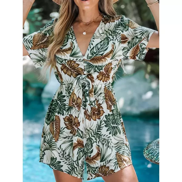 imageCUPSHE Summer Womens V Neck Tropical Leaf Print Button Short Romper SelfTie Overalls Mini Casual JumpsuitGreen Leaf