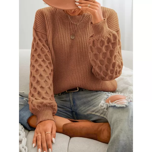 imageCUPSHE Sweater for Women Cable Knit Crew Neck Long Sleeves Fashion Casual Pullover Sweater TopsBrown