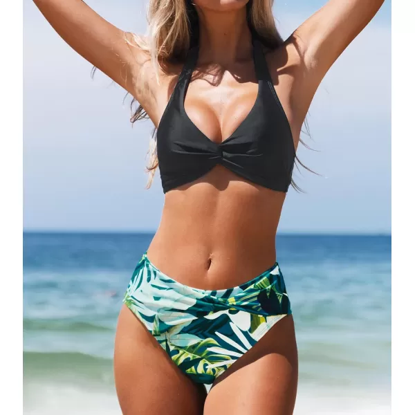 imageCUPSHE Swimsuit Bikini Set for Women Bathing Suit Twist Adjustable Straps Hipster High Cut Mid RiseBlack