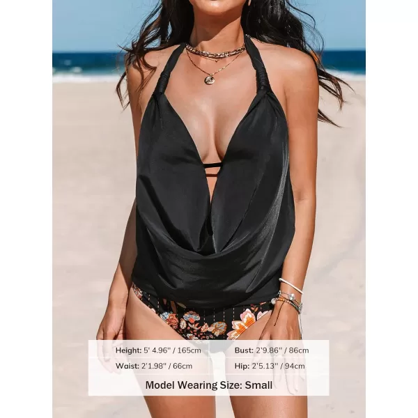 imageCUPSHE Tankini Bathing Suit for Women Halter Deep V Cowl Neck Low Back SwimsuitBlack  Floral