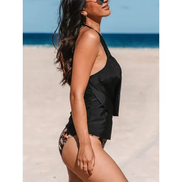 imageCUPSHE Tankini Bathing Suit for Women Halter Deep V Cowl Neck Low Back SwimsuitBlack  Floral