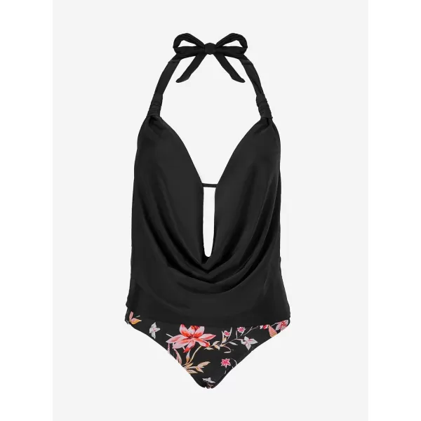 imageCUPSHE Tankini Bathing Suit for Women Halter Deep V Cowl Neck Low Back SwimsuitBlack Tropical