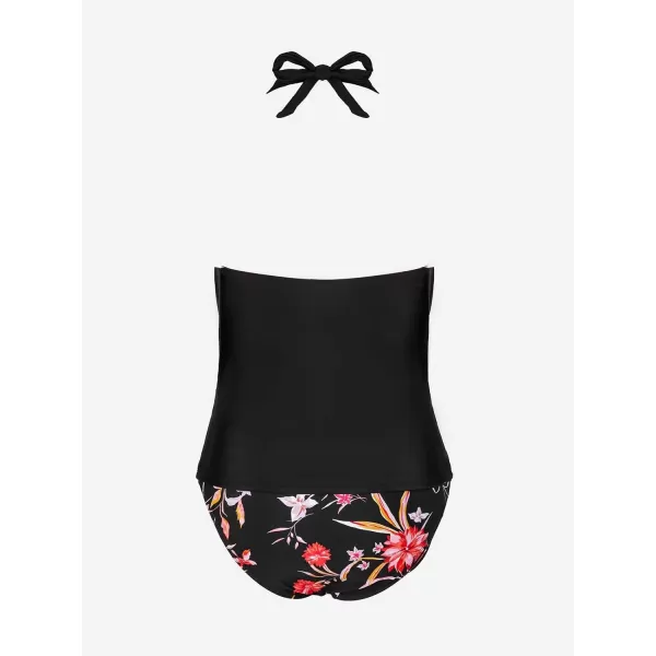 imageCUPSHE Tankini Bathing Suit for Women Halter Deep V Cowl Neck Low Back SwimsuitBlack Tropical