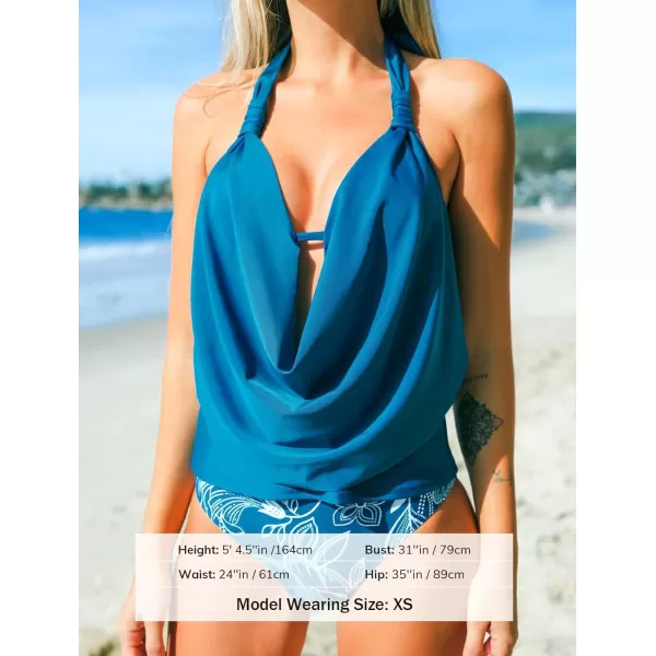 imageCUPSHE Tankini Bathing Suit for Women Halter Deep V Cowl Neck Low Back SwimsuitDeep Aqua Floral