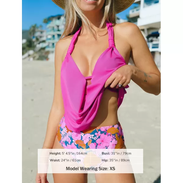 imageCUPSHE Tankini Bathing Suit for Women Halter Deep V Cowl Neck Low Back SwimsuitMagenta Floral