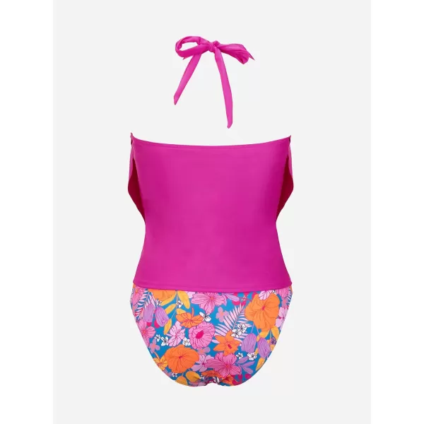 imageCUPSHE Tankini Bathing Suit for Women Halter Deep V Cowl Neck Low Back SwimsuitMagenta Floral