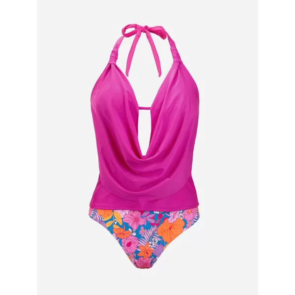 imageCUPSHE Tankini Bathing Suit for Women Halter Deep V Cowl Neck Low Back SwimsuitMagenta Floral