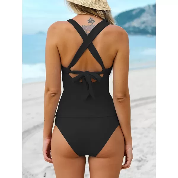 imageCUPSHE Tankini Bathing Suit for Women V Neck Ruched Two Piece Swimsuit ORing Cross Back Self Tie Mid RiseBlack