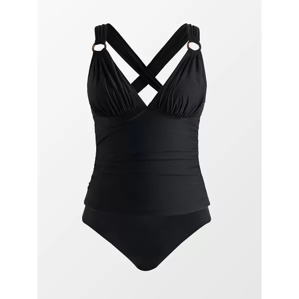 imageCUPSHE Tankini Bathing Suit for Women V Neck Ruched Two Piece Swimsuit ORing Cross Back Self Tie Mid RiseBlack