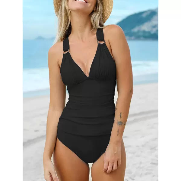 imageCUPSHE Tankini Bathing Suit for Women V Neck Ruched Two Piece Swimsuit ORing Cross Back Self Tie Mid RiseBlack