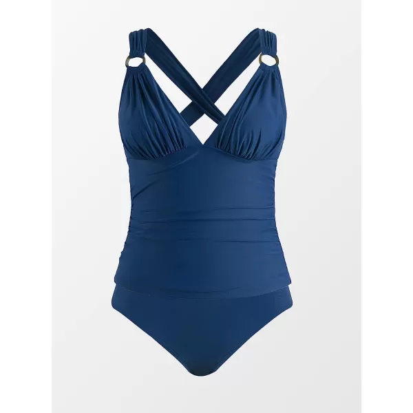 imageCUPSHE Tankini Bathing Suit for Women V Neck Ruched Two Piece Swimsuit ORing Cross Back Self Tie Mid RiseDark Blue