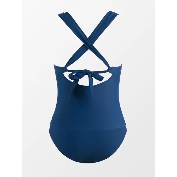 imageCUPSHE Tankini Bathing Suit for Women V Neck Ruched Two Piece Swimsuit ORing Cross Back Self Tie Mid RiseDark Blue