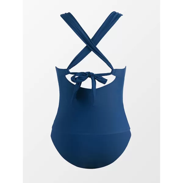 imageCUPSHE Tankini Bathing Suit for Women V Neck Ruched Two Piece Swimsuit ORing Cross Back Self Tie Mid RiseDark Blue