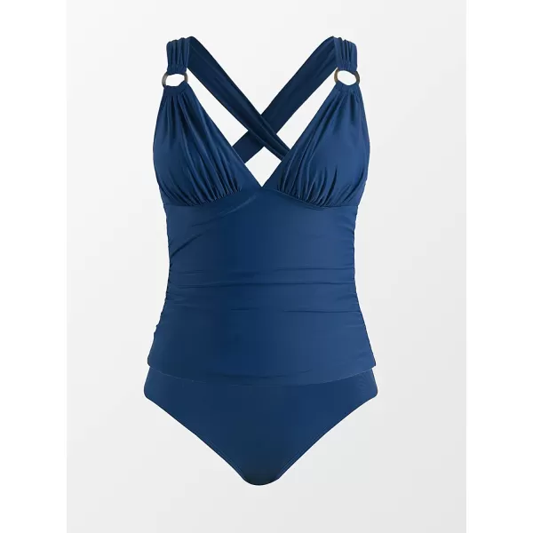 imageCUPSHE Tankini Bathing Suit for Women V Neck Ruched Two Piece Swimsuit ORing Cross Back Self Tie Mid RiseDark Blue
