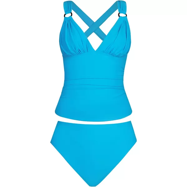 imageCUPSHE Tankini Bathing Suit for Women V Neck Ruched Two Piece Swimsuit ORing Cross Back Self Tie Mid RiseDeep Sky Blue