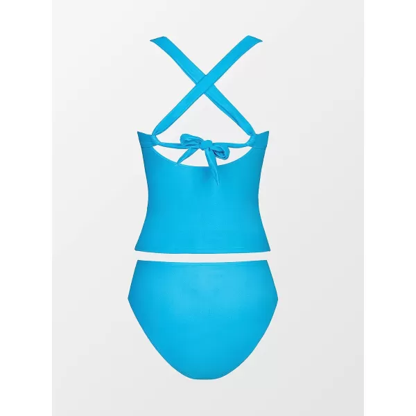 imageCUPSHE Tankini Bathing Suit for Women V Neck Ruched Two Piece Swimsuit ORing Cross Back Self Tie Mid RiseDeep Sky Blue