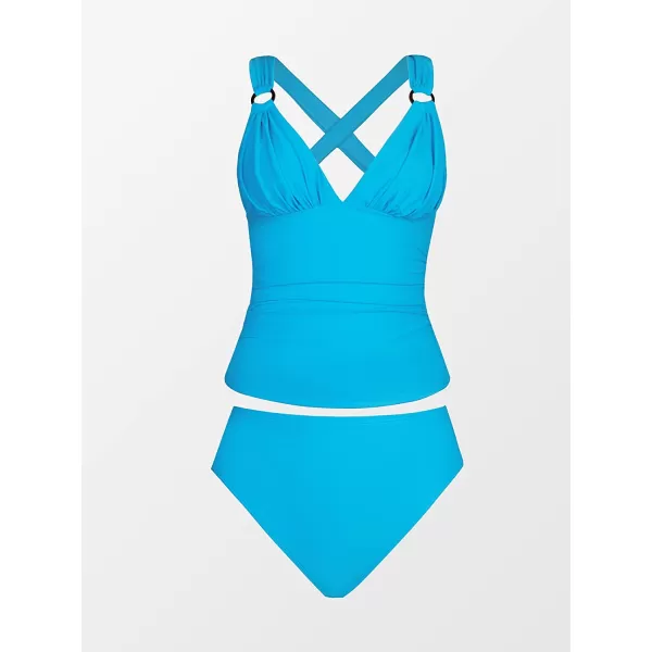 imageCUPSHE Tankini Bathing Suit for Women V Neck Ruched Two Piece Swimsuit ORing Cross Back Self Tie Mid RiseDeep Sky Blue