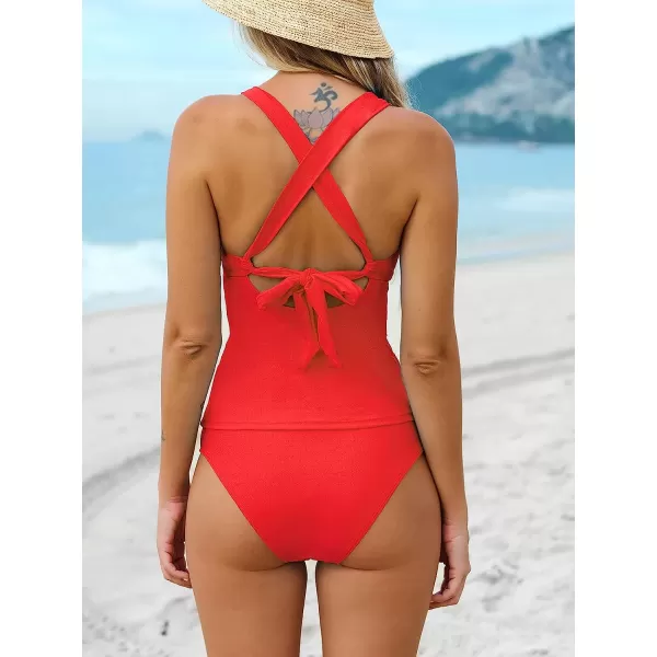 imageCUPSHE Tankini Bathing Suit for Women V Neck Ruched Two Piece Swimsuit ORing Cross Back Self Tie Mid RiseRed