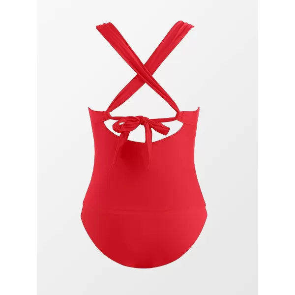 imageCUPSHE Tankini Bathing Suit for Women V Neck Ruched Two Piece Swimsuit ORing Cross Back Self Tie Mid RiseRed