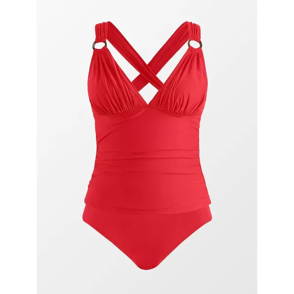imageCUPSHE Tankini Bathing Suit for Women V Neck Ruched Two Piece Swimsuit ORing Cross Back Self Tie Mid RiseRed